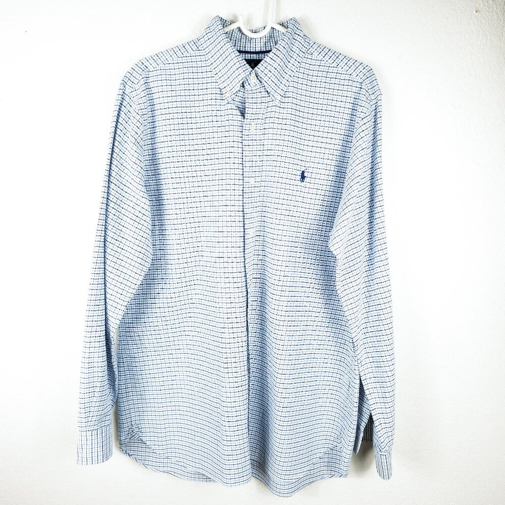 Ralph Lauren Long Sleeve Button Down Shirt Men's Medium Plaid White Blue
